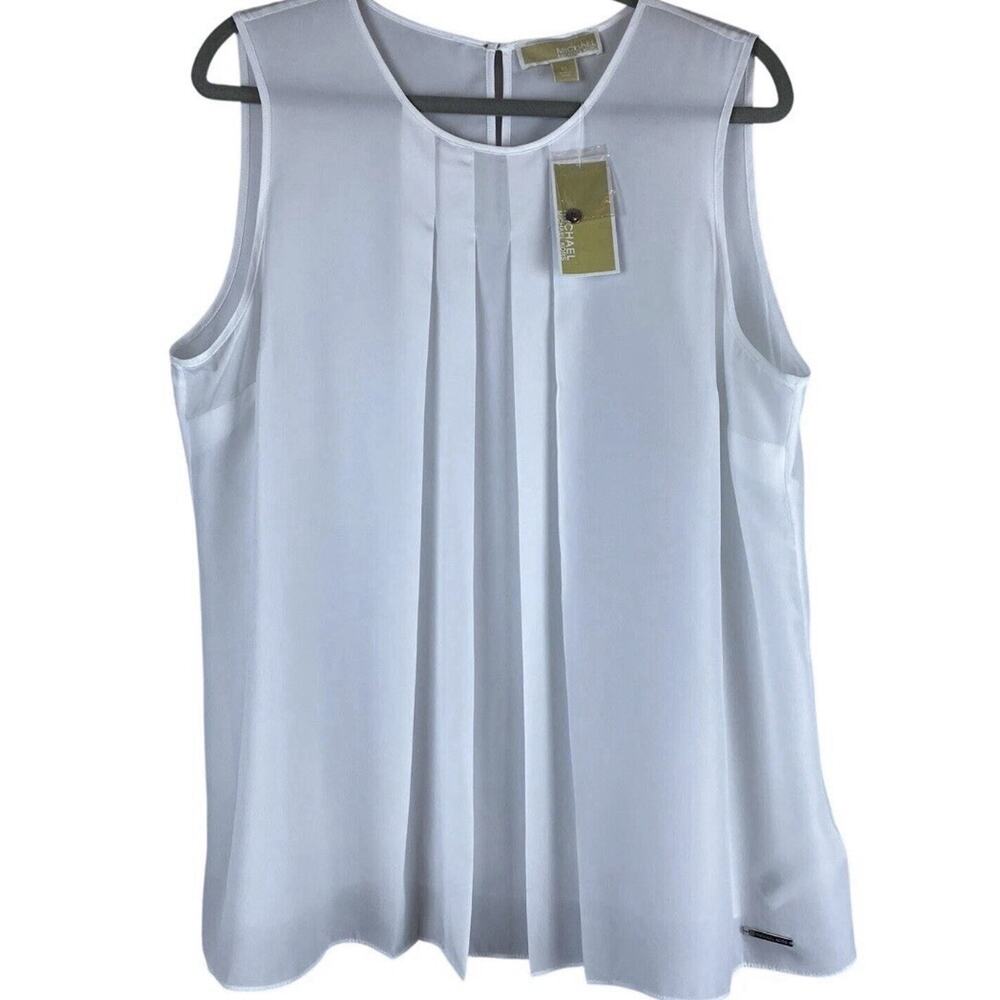 NWT Michael Michael Kors Sz XL Sheer Pleated White SS Logo Office Career Blouse - Picture 2 of 7
